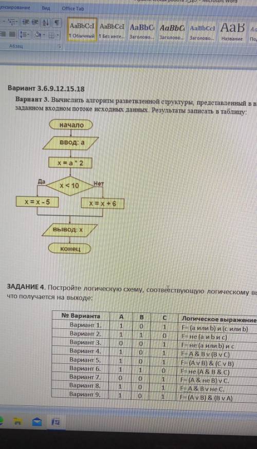 Вычеслить алгоритм разветвеленной структуры. Результаты записать в таблицу 