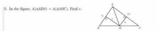 В фигуре, А(АВН) = А(АНС). Найдите хIn the figure, A(ABH) = A(AHC). Find x