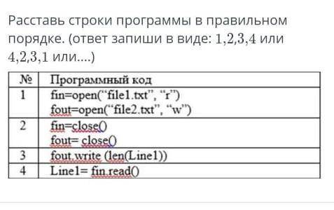 Расставь строки программы у правильном порядке в виде: 1,2,3,4, или 4,3,2,1,