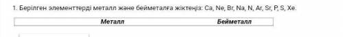 Берілген элементтерді металл бейметалл жіктеңіз