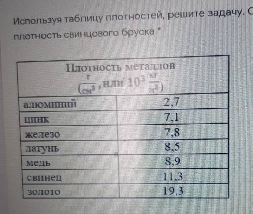 Используя таблицу плотностей Реши задачу определить плотность свинцового бруска