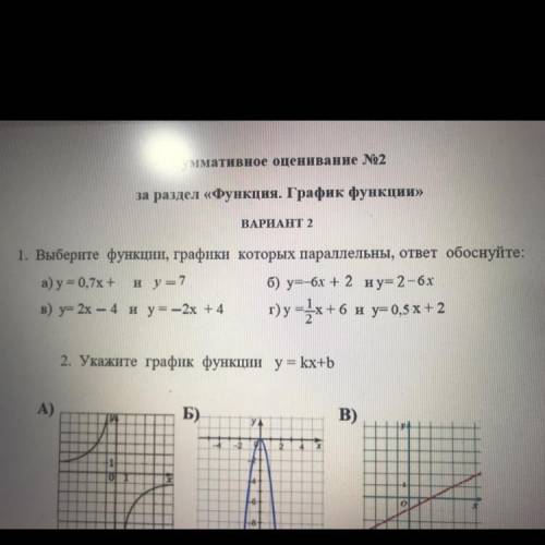 Выберите функции, графики которых параллельны, ответ обоснуйте: а) у = 0,7х + и у =7 б) y= -6х + 2 и