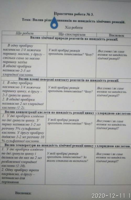 Практична робота 3 Тема Вплив різних чинників на швидкість хімічних реакцій (Хімія) 9класс