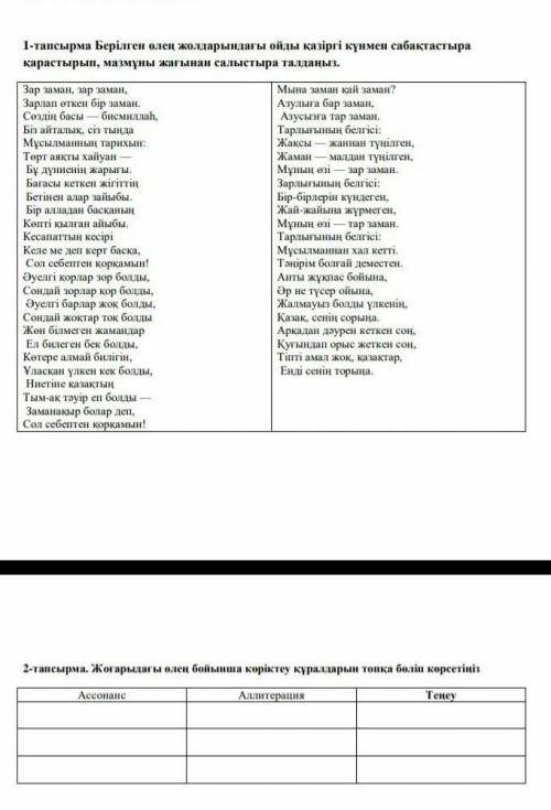 Жоғарыдағы өлең бойынша көріктеу құралдарын топқа бөліп көрсетіңіз Ассонанс Аллитерация Теңеу