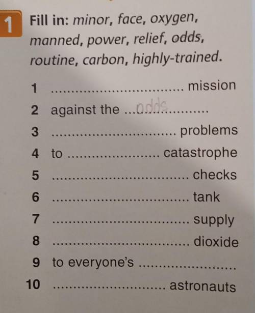 Fill in:minor,face,oxygen,manned,power,relief,odds,routine,carbon,highly-trained.