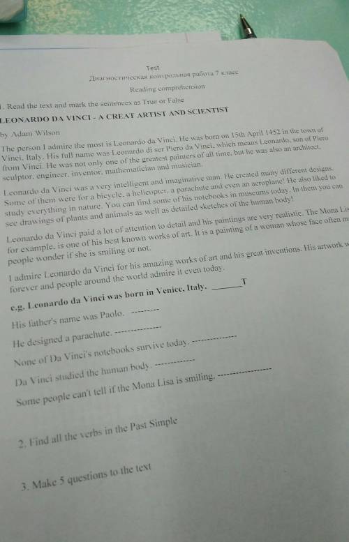 Make 5 questions to the text leonardo da vinci