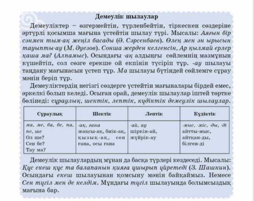 Берілген сөйлемдерге демеулік шылауларды (ереже 136-бетте) қатыстырып, түрлендіріп жазыңыздар: Қазақ