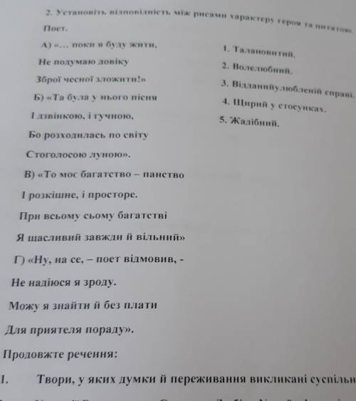 Установіть відповідність між рисами характер героя та цитатою