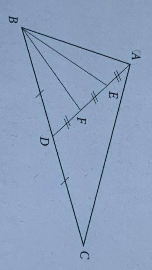 На картинке нарисован треугольник, S(BAE) = 8cm2. Найдите BEF, BFA и ABC площадь