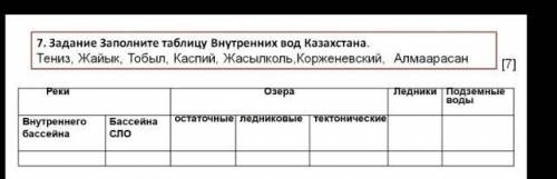 .задание заполните таблицу внутренних вод Казахстана..Тениз,Жайык,каспий,тобыл,жасылколь,корженевски