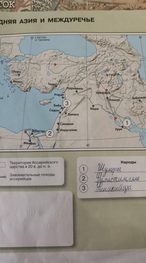 Закрасьте территорию Ассирийского царства в 20 в. до н. э. Обозначьте направления завоевательных пох