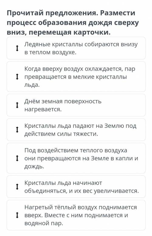 Прочитай предложение. Размести процесс образования дождя сверху вниз, перемещая карточки