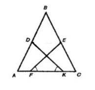 В треугольнике ABC AB = BC, AF = KC угольDKA = угольEFC. Докажите, что BD = BE.