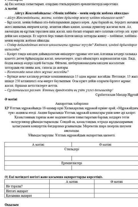 Екі мәтіндегі негізгі және қосымша ақпараттарды көрсетіңіз