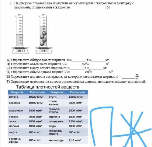 1. На рисунке показано как измерили массу мензурки с жидкостью и мензурку с шариками, опущенными