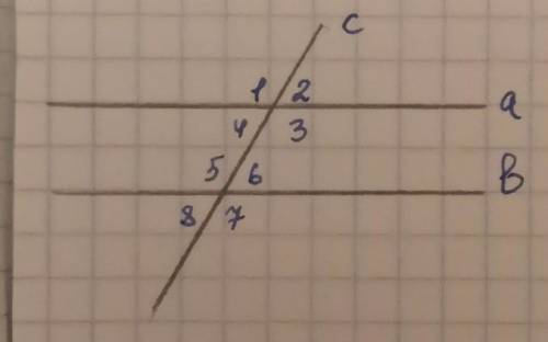 Дано: a||b, c - секущая. Угол 4 + Угол 6 = 130°Найти: все углы. (от 1 до 8) 