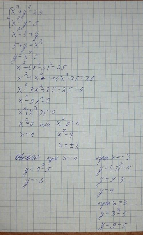 Х^2+у^2=25 х^2-у=5 Решите систему.