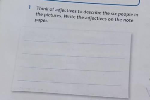 1 Think of adjectives to describe the six people inthe pictures. Write the adjectives on the notepap