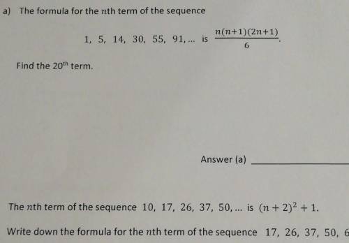 The formula for the nth term of the sequence 1, 5, 14, 30, 55, 91,... is n(n+1)(2n+1)/6 fins the 20t