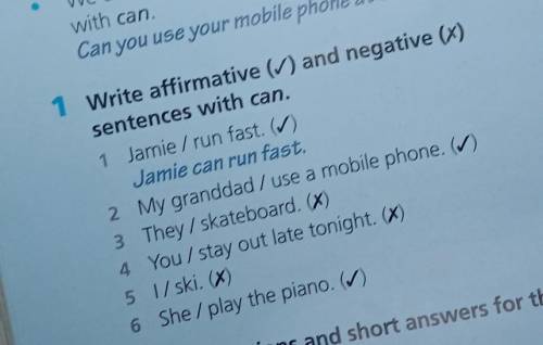 Write affirmative ✓ and negative × sentences with can