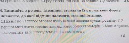 4. Випишіть з речень іменники, ставлячи їх у початкову форму. Визначте, до якої відміни належить кож