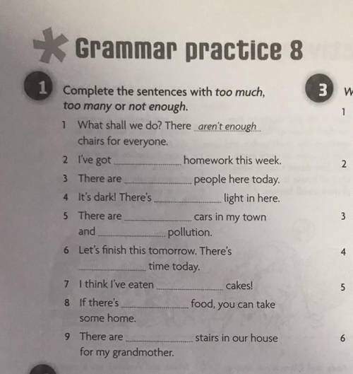 Complete the sentences with too much, too many or not enough.
