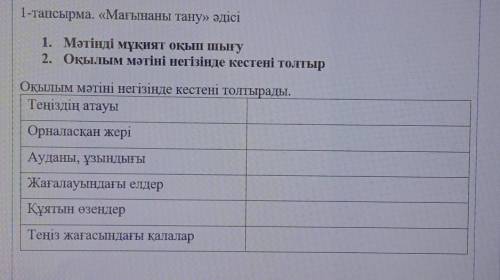 1-тапсырма. «Мағынаны тану» әдісі 1. Мәтінді мұқият оқып шығу2. Оқылым мәтіні негізінде кестені толт