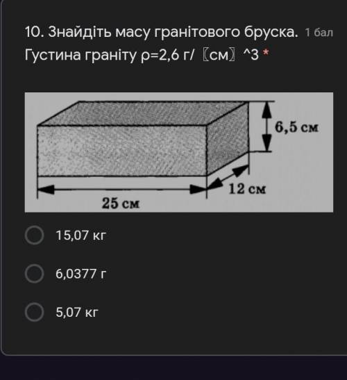Знайдіть масу гранітового бруска. Густина граніту ρ=2,6 г/〖см〗^3 