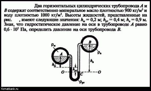 Два горизонтальных цилиндрических трубопровода A и B содержат соответственно минеральное масло плотн