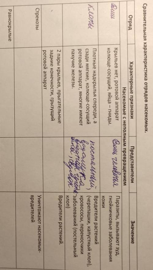 Таблица по биологии сравнительная характеристика отрядов насекомых