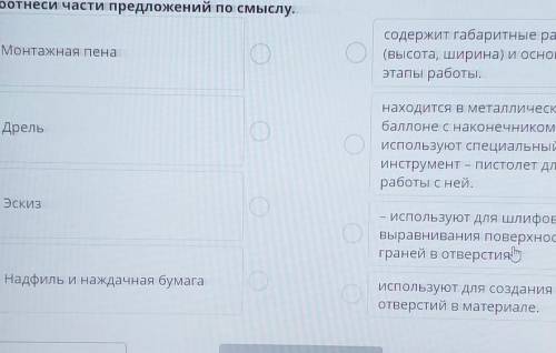 Соотчеси части предложений по смыслу. Монтажная пенасодержит габаритные размеры(Высота, ширина) и ос