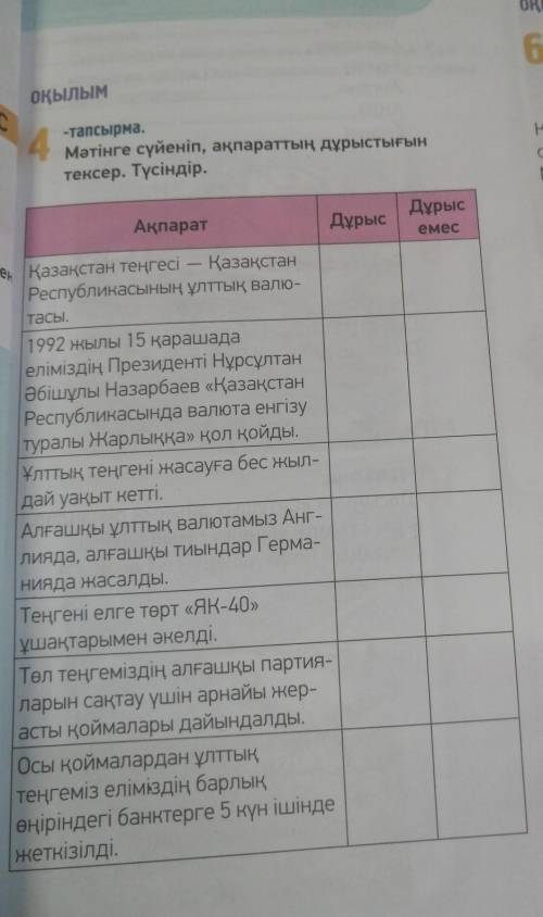 ОҚЫЛЫМIC-тапсырма.Мәтінге сүйеніп, ақпараттың дұрыстығынтексер. Түсіндір.