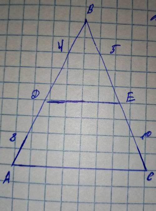 Дан треугольник ABC, AD=8см, CE=10см, DB=4см, EB=5см, DЕ-средняя линия Доказать: ABC∞DCE​