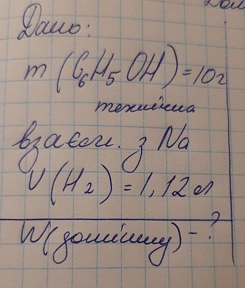 УМОЛЯЮ, Дано:m(C6H5OH)=10 г(технічна)взаємодіє з NaV(H2)=1,12 лЗнайти : W(домішок)-?