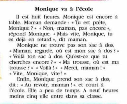Monique va a lecole как читается (произношение не перевод) весь текст 