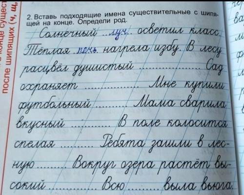 Вставь подходящие имена существительные с шипя-щей на конце. Определи род.