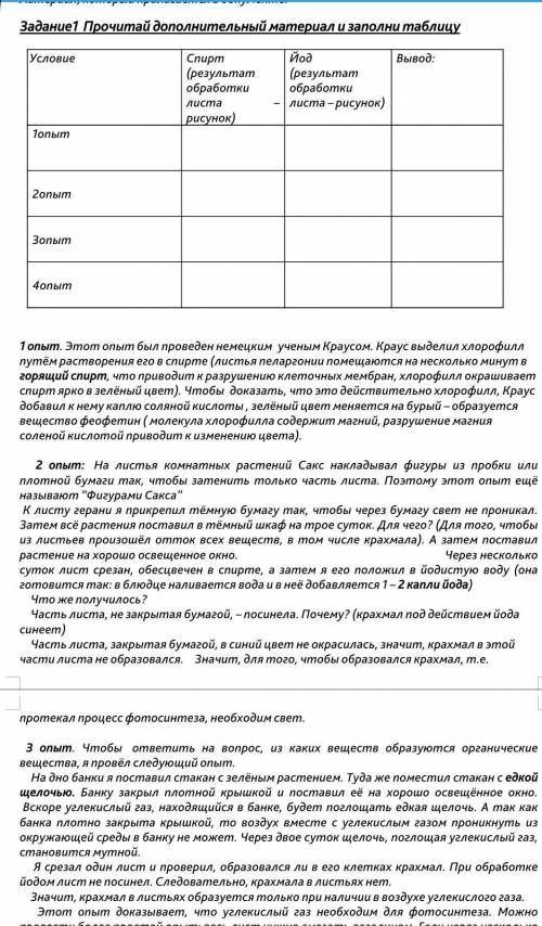 Прочитай дополнительный материал и заполни таблицу УсловиеСпирт(результат обработки листа – рисунок