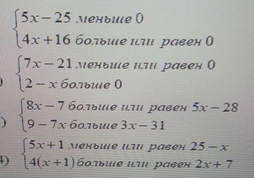 5х – 25 меньше 0 4х +16 больше или равен 0(7x – 21 меньше или равен 02-3-х больше 08x — 7 больше или