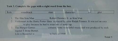 3. Complete the gaps with a right word from the box. soundtrackstarscharacterssetplotThe film Iron M