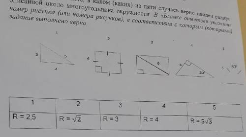 Определите в каком из пяти случаев верно найден радиус описанной около многоугольникв окружности