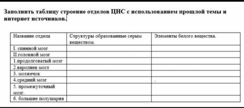 Заполните таблицу строение отделов ЦНС с использованием темы и интернет источник.