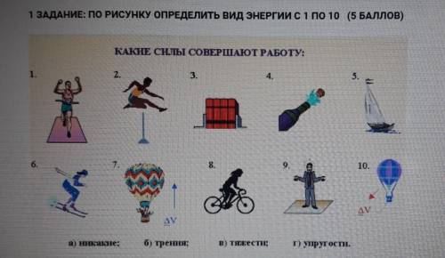 1 ЗАДАНИЕ: ПО РИСУНКУ ОПРЕДЕЛИТЬ ВИД ЭНЕРГИИ с КАКИЕ СИЛЫ СОВЕРШАЮТ РАБОТУ: