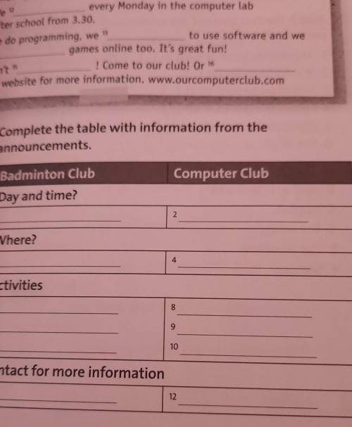 3 Complete the table with information from theannouncements.​