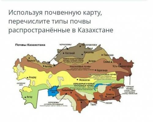 ТЕКСТ ЗАДАНИЯ Используя почвенную карту,перечислите типы почвыраспространённые в Казахстане