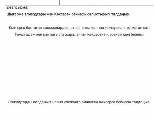 Шығарма эпизодтары мен көксерек бейнесін салыстырып, талдаңыз 