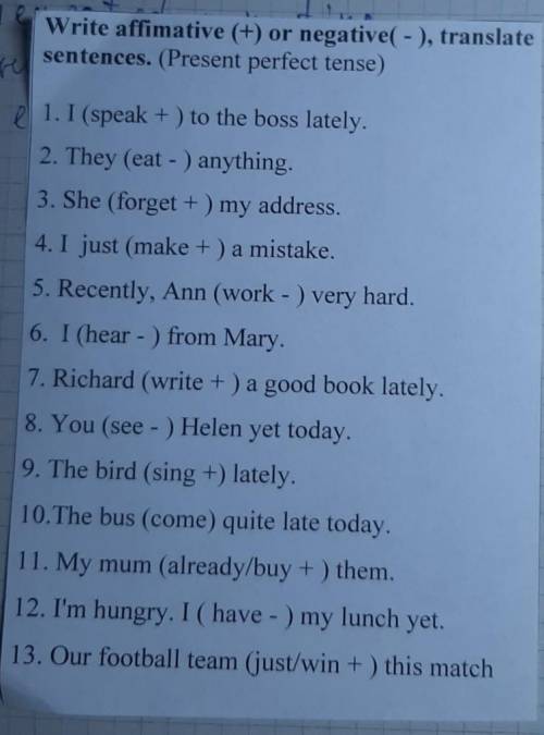 Write affimative (+) or negative (-), translate sentences. (present perfect tense)плз