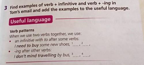 3 Find examples of verb + infinitive and verb + -ing in Tom's email and add the examples to the usef