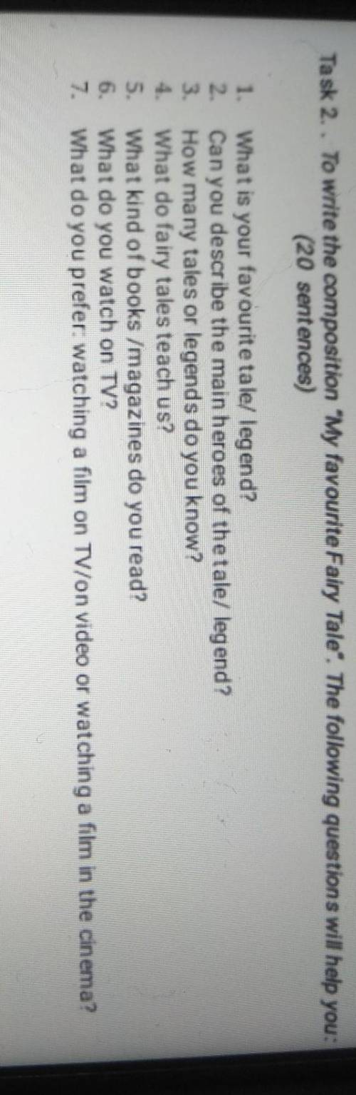 II. WRITING Task 2. . To write the composition 'My favourite Fairy Tale. The following questions wi