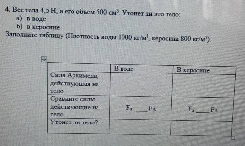 Вес тела 4,5 H, а его объем 500 см3. Утонет ли это тело:​