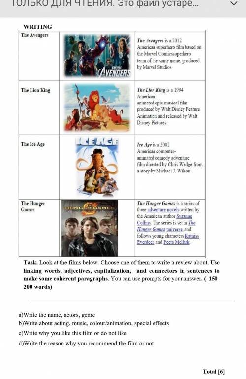 A)Write the name, actors, genre b)Write about acting, music, colour/animation, special effects c)Wri